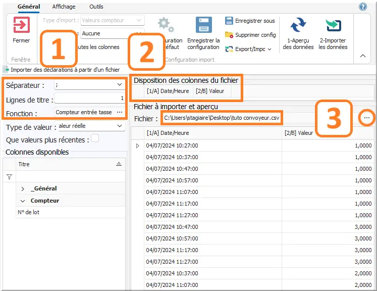 Importation des valeurs du .csv